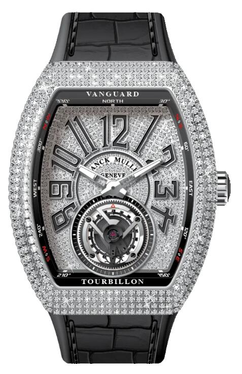 Best FRANCK MULLER Vanguard Tourbillon Stainless Steel White Diamonds Case and Dial - Black V 41 T D CD (NR) (AC) (DIAM NR AC) Replica Watch